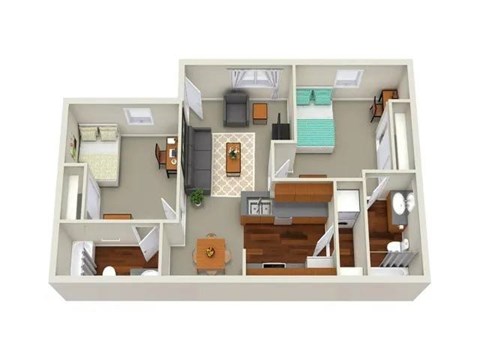 Floor plan for 2 beds, 2 baths, 384 sqft