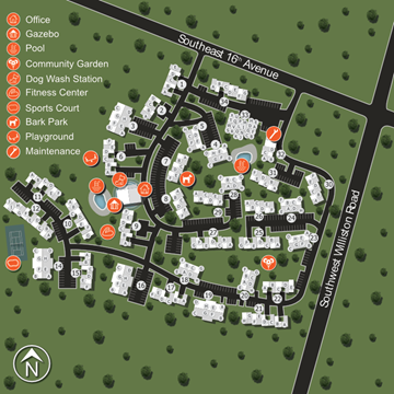 Gainesville apartment for rent - A map shows a neighborhood with a gazebo, pool, and fitness center.
