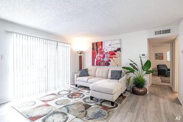 San Antonio apartment for rent - A living room with a white couch and a rug with a circular design.