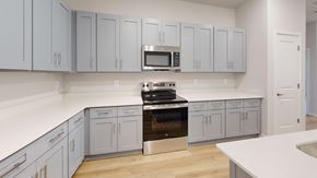 Parrish triplex for rent - A kitchen with a stove top oven and a microwave above it.