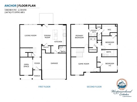 Floor plan for 3 beds, 2.5 baths, 2167 sqft