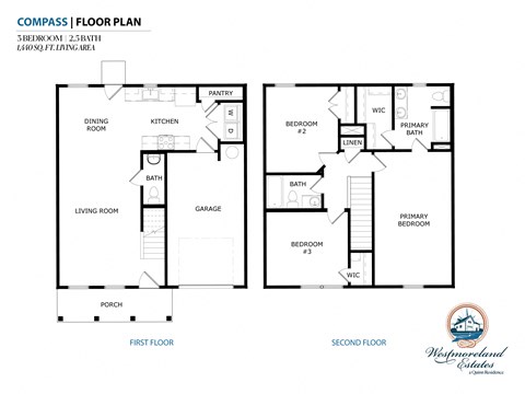 Floor plan for 3 beds, 2.5 baths, 1440 sqft