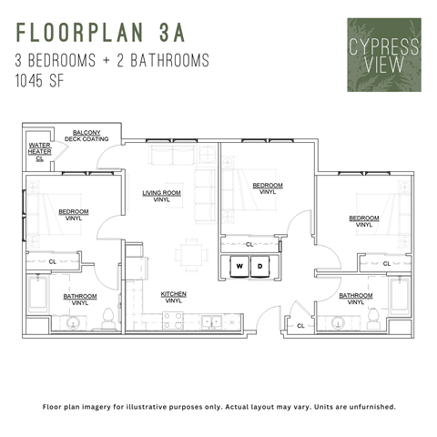 Floor plan for 3 beds, 2 baths, 1045 sqft