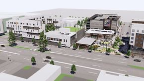 Los Angeles apartment for rent - an aerial view of a city street with buildings and trees