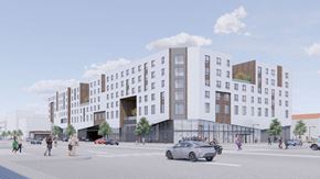 Los Angeles apartment for rent - a rendering of a white building on a city street