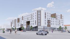 Los Angeles apartment for rent - a rendering of a white building on a city street