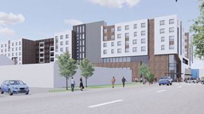 Los Angeles apartment for rent - a rendering of a building with a street in front of it