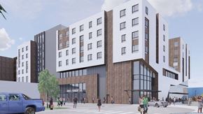 Los Angeles apartment for rent - a rendering of a building with people walking in front of it
