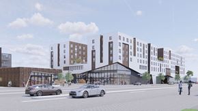 Los Angeles apartment for rent - a rendering of a city street with buildings and cars