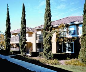 Irvine apartment for rent - an apartment building with trees in front of it
