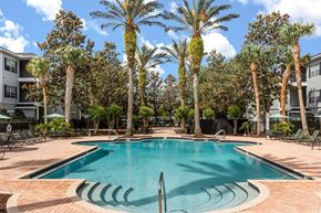 Titusville apartment for rent - A swimming pool surrounded by palm trees and a building in the background.