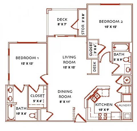 Floor plan for 2 beds, 2 baths, 1085 sqft