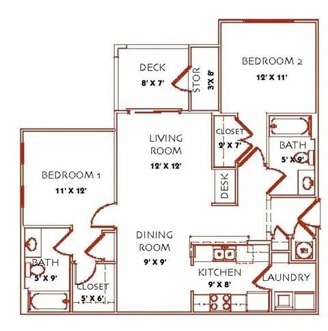 Floor plan for 2 beds, 2 baths, 997 sqft