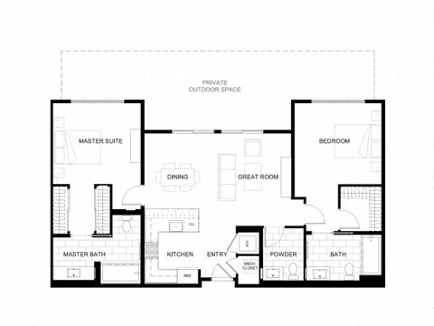 Floor plan for 2 beds, 2 baths, 1195 sqft
