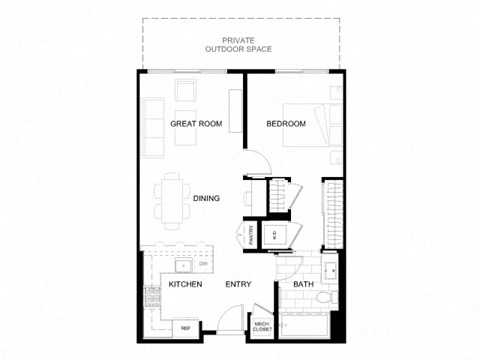 Floor plan for 1 bed, 1 bath, 712 sqft