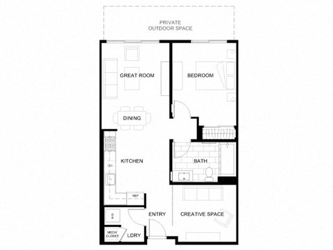 Floor plan for 1 bed, 1 bath, 807 sqft