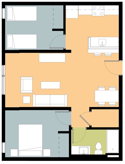 Floor plan for 2 beds, 2 baths, 777 sqft