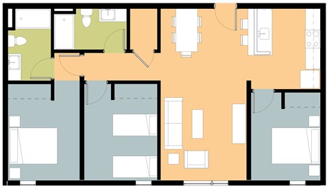 Floor plan for 3 beds, 1 bath, 1100 sqft