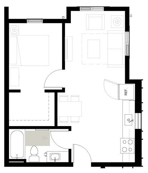 Floor plan for 1 bed, 1 bath, 524 sqft