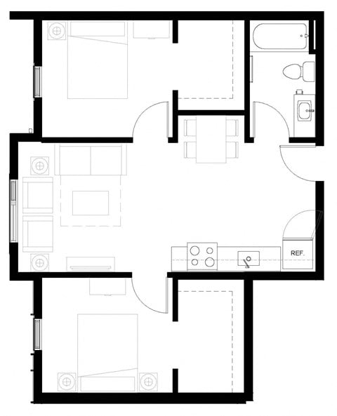 Floor plan for 2 beds, 1 bath, 736 sqft