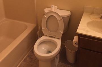 Turbotville apartment for rent - A white toilet is in a bathroom with a trash can and a sink.
