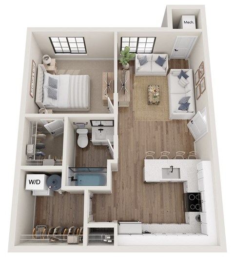 Floor plan for 1 bed, 1 bath, 642 sqft