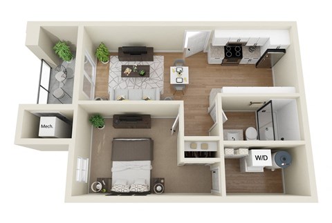 Floor plan for 1 bed, 1 bath, 500 sqft