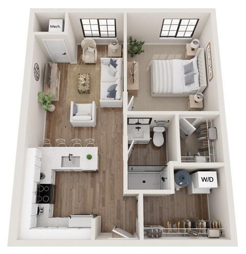 Floor plan for 1 bed, 1 bath, 651 sqft