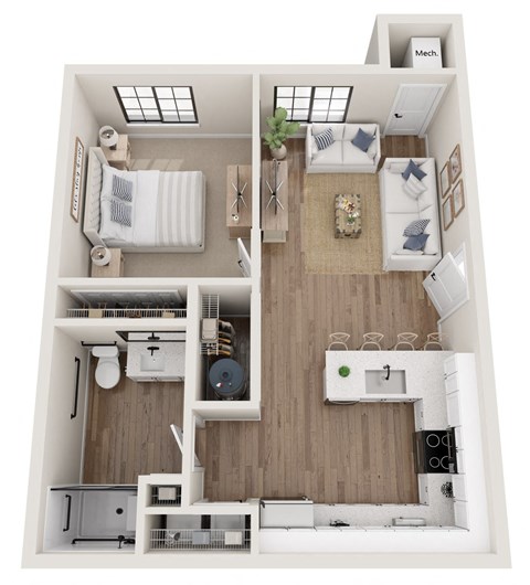 Floor plan for 1 bed, 1 bath, 642 sqft
