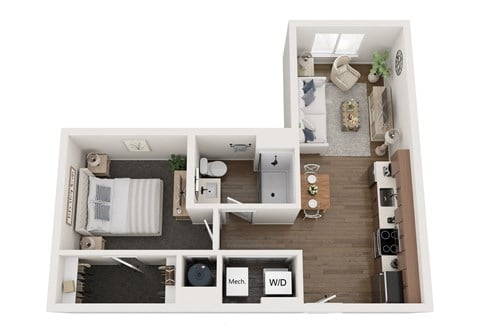 Floor plan for 1 bed, 1 bath, 542 sqft
