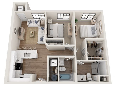 Floor plan for 2 beds, 2 baths, 813 sqft