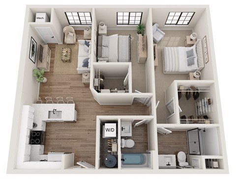 Floor plan for 2 beds, 2 baths, 912 sqft