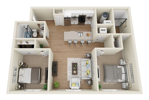 Floor plan for 2 beds, 2 baths, 867 sqft