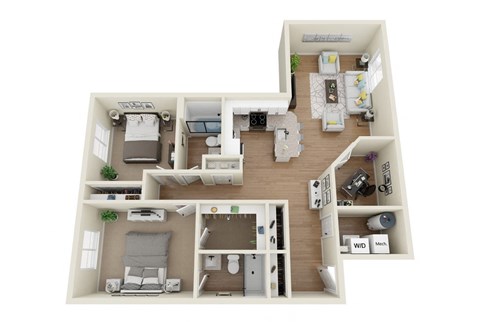Floor plan for 2 beds, 2 baths, 1100 sqft