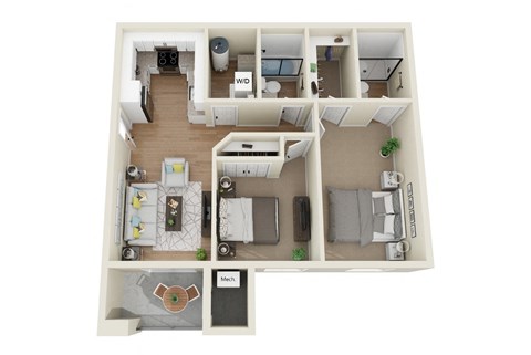 Floor plan for 2 beds, 2 baths, 781 sqft