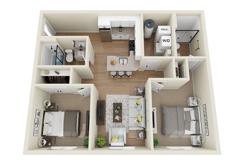 Floor plan for 2 beds, 2 baths, 781 sqft