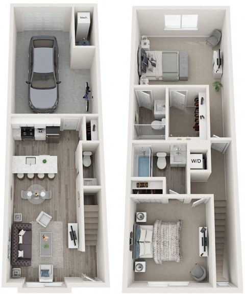 Floor plan for 2 beds, 2.5 baths, 1000 sqft