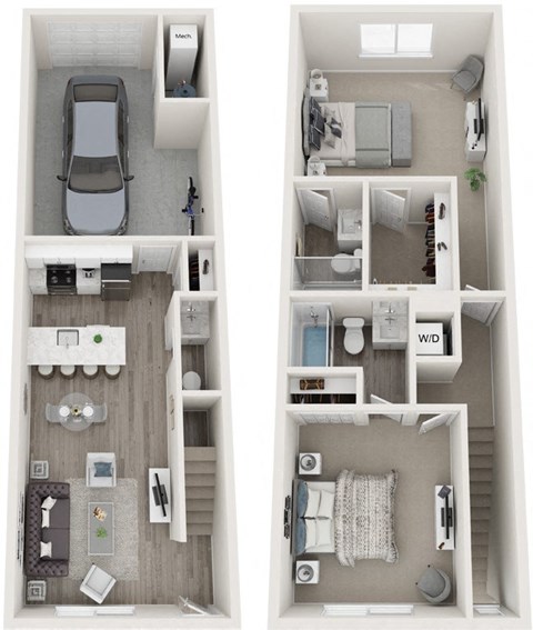 Floor plan for 2 beds, 2.5 baths, 1024 sqft