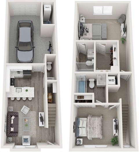 Floor plan for 2 beds, 2.5 baths, 890 sqft