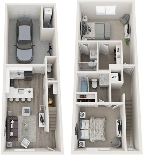 Floor plan for 2 beds, 2.5 baths, 913 sqft