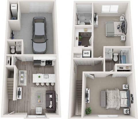 Floor plan for 2 beds, 2.5 baths, 966 sqft