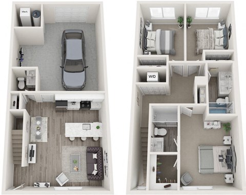 Floor plan for 3 beds, 2.5 baths, 1136 sqft
