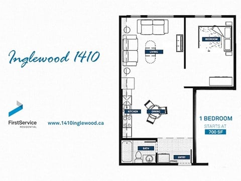 Floor plan for 1 bed, 1 bath, 690 sqft
