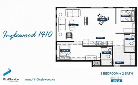 Floor plan for 2 beds, 1 bath, 940 sqft
