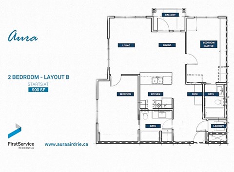 Floor plan for 2 beds, 2 baths, 939 sqft