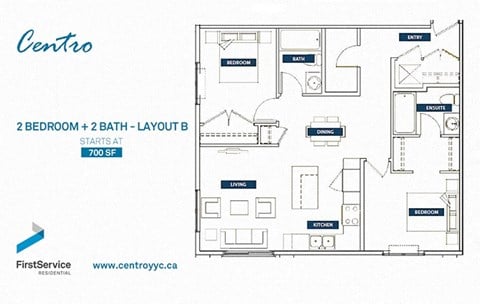 Floor plan for 2 beds, 2 baths, 853 sqft