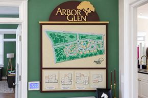 Charlotte apartment for rent - A map of Arbor Glen is displayed on a wall above a framed set of four floor plans.