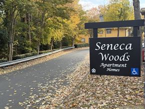 Charlotte apartment for rent - A sign for Seneca Woods Apartment Homes is shown in front of a tree-lined street.