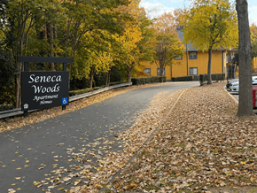 Charlotte apartment for rent - A black sign with white lettering that says Seneca Woods Apartment Homes.