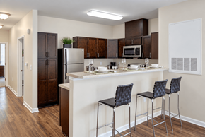 Charlotte apartment for rent - A kitchen with a white counter top and black bar stools.